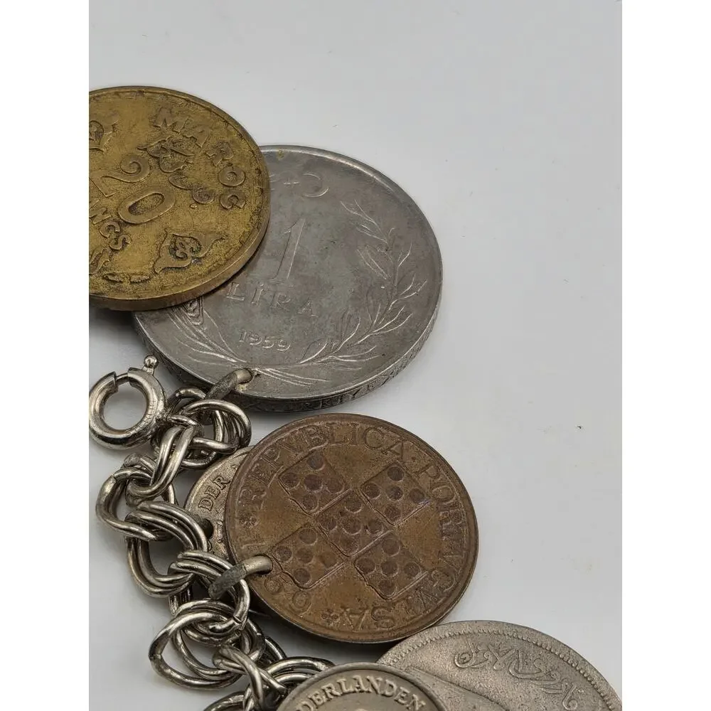 Vintage World Coin Charm Bracelet International Coins Egypt Greece UK 6.75